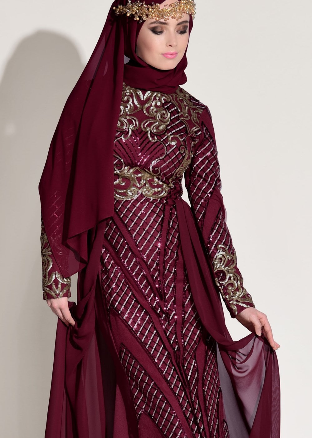 Hijab clothing CLARET RED Embroidered Chiffon Detailed Evening Dress T 87625 