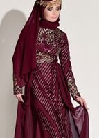 Hijab clothing CLARET RED Embroidered Chiffon Detailed Evening Dress T 87625 