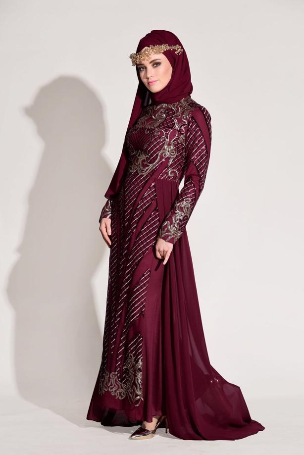 Tesettür giyim  İŞLEMELİ ŞİFON DETAYLI ABİYE ELBİSE 87625 - TRENDTESETTÜR