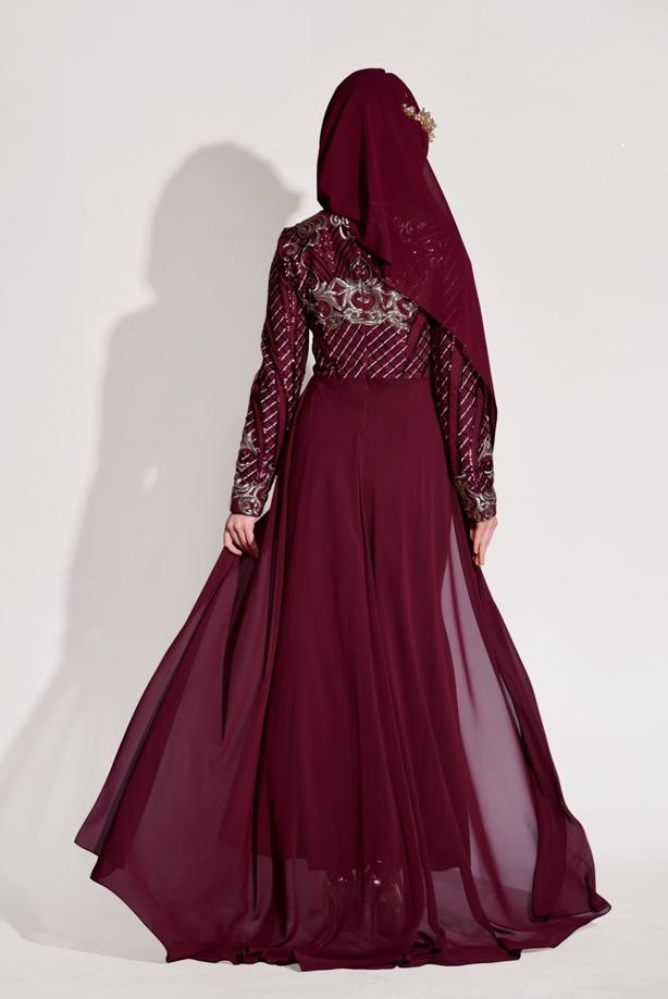 Tesettür giyim  İŞLEMELİ ŞİFON DETAYLI ABİYE ELBİSE 87625 - TRENDTESETTÜR