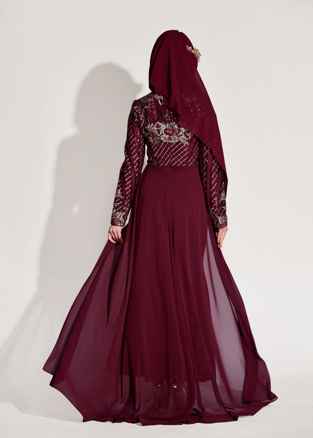 Hijab clothing CLARET RED Embroidered Chiffon Detailed Evening Dress T 87625 