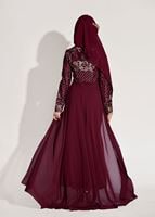 Hijab clothing CLARET RED Embroidered Chiffon Detailed Evening Dress T 87625 