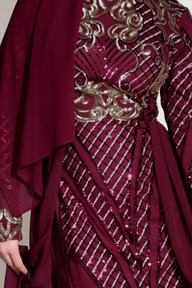 Tesettür giyim  İŞLEMELİ ŞİFON DETAYLI ABİYE ELBİSE 87625 - TRENDTESETTÜR