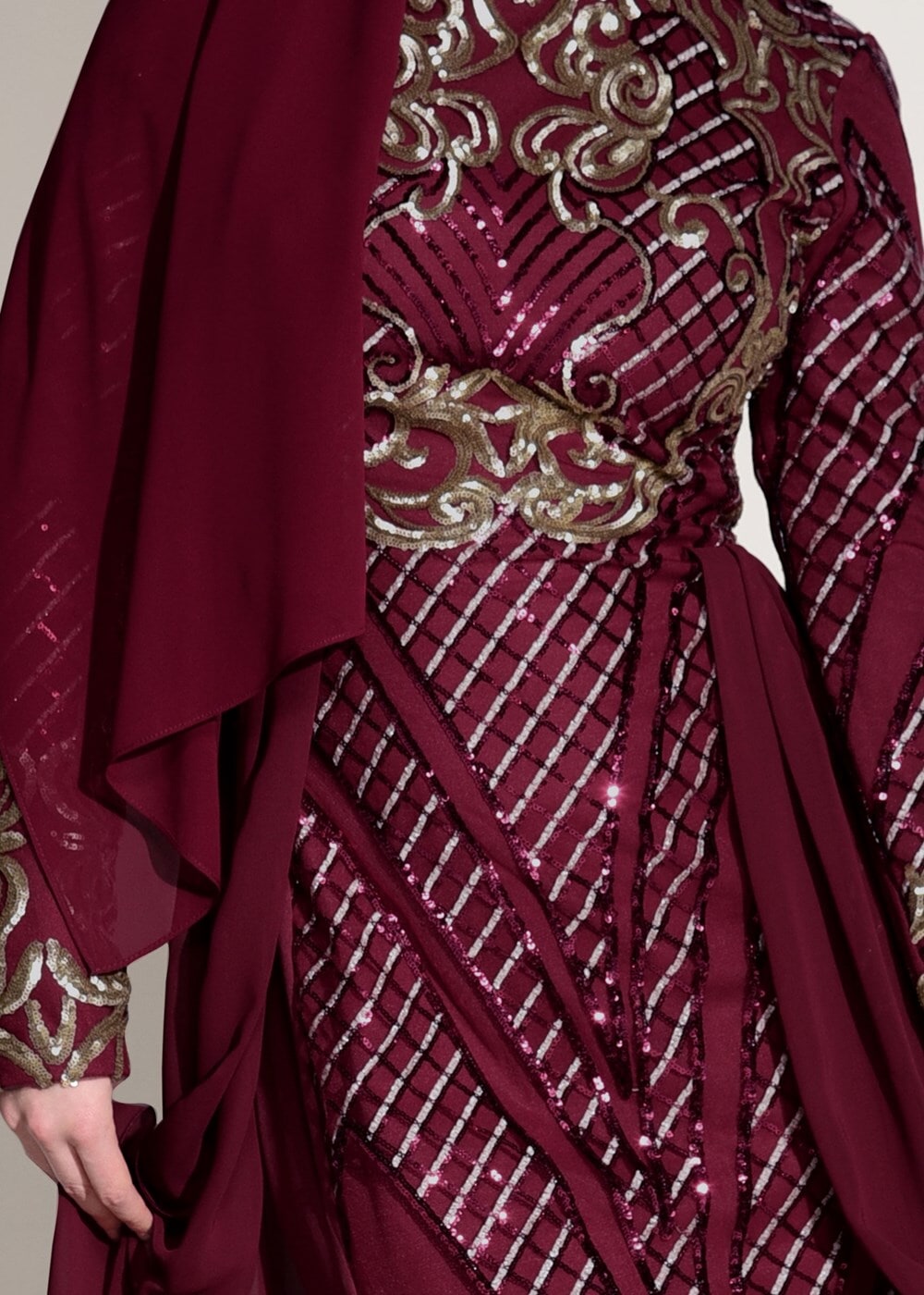 Hijab clothing CLARET RED Embroidered Chiffon Detailed Evening Dress T 87625 