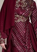 Hijab clothing CLARET RED Embroidered Chiffon Detailed Evening Dress T 87625 