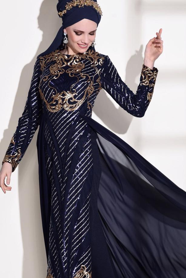 Tesettür giyim  İŞLEMELİ ŞİFON DETAYLI ABİYE ELBİSE 87625 - TRENDTESETTÜR