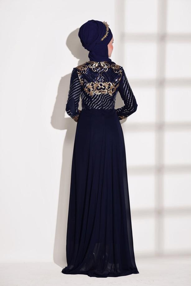 Tesettür giyim  İŞLEMELİ ŞİFON DETAYLI ABİYE ELBİSE 87625 - TRENDTESETTÜR