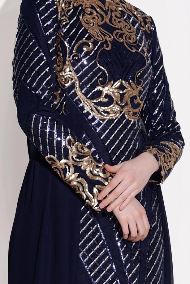 Tesettür giyim  İŞLEMELİ ŞİFON DETAYLI ABİYE ELBİSE 87625 - TRENDTESETTÜR