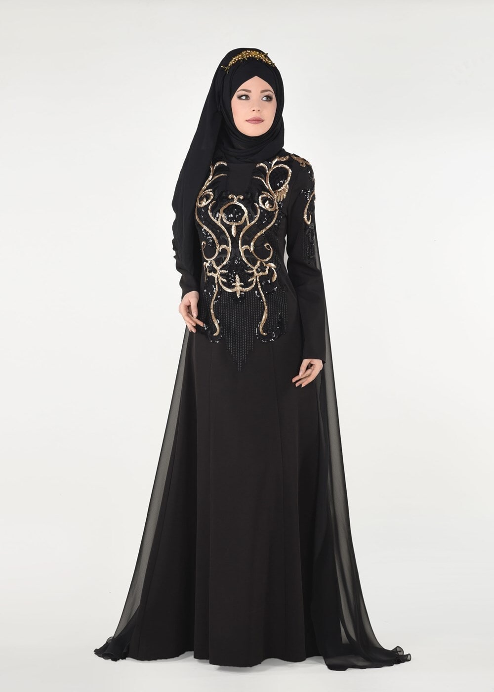 Hijab clothing BLACK EMBROIDERY DETAIL EVENING DRESS WITH CAPE 88102  