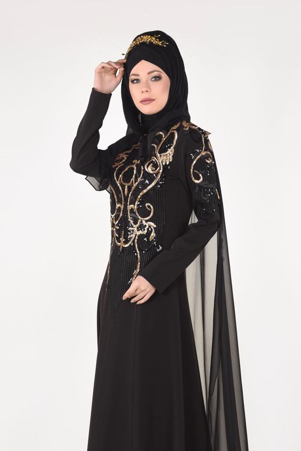 Tesettür giyim  İŞLEME DETAYLI PELERİNLİ ABİYE ELBİSE 88102  - TRENDTESETTÜR