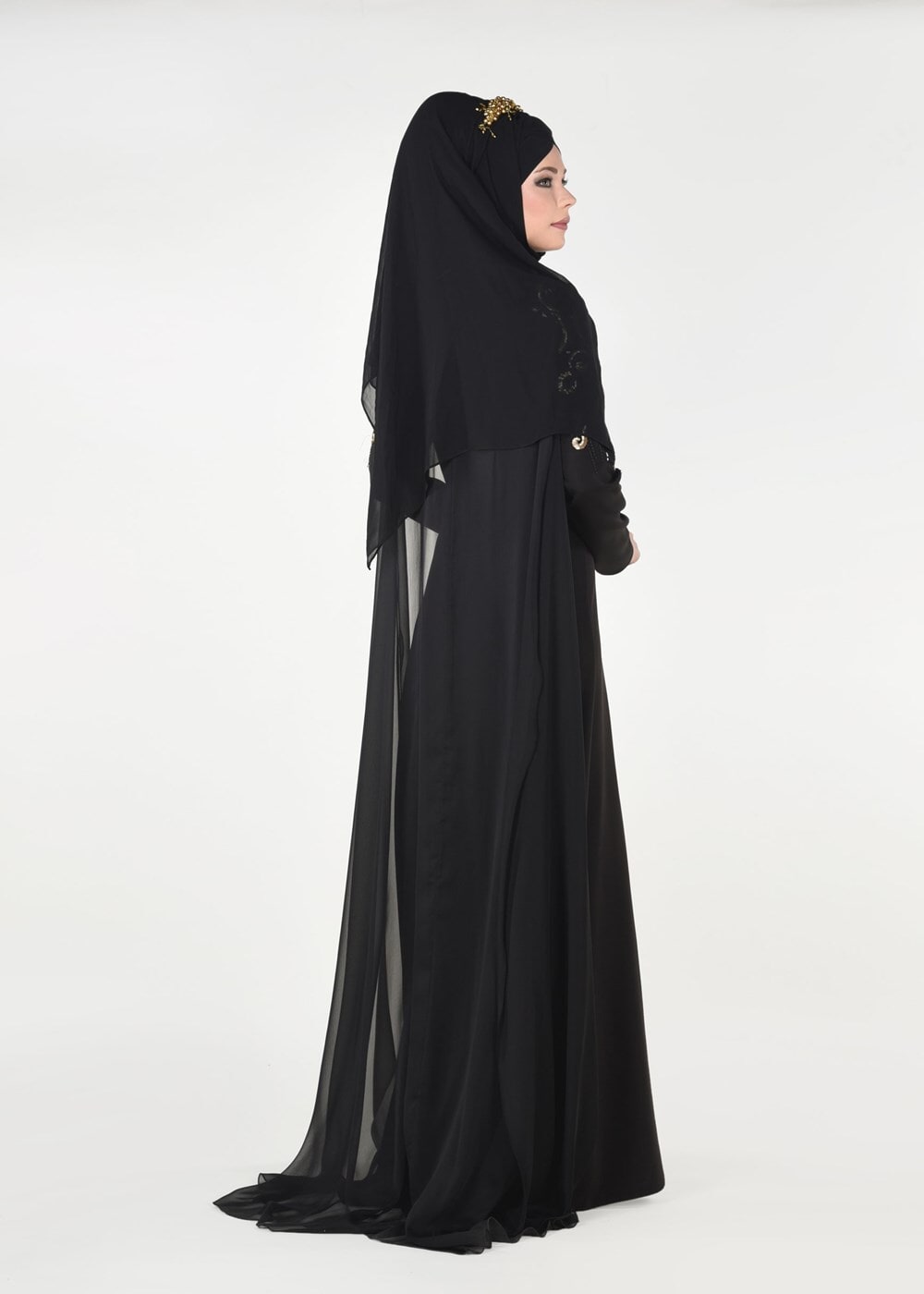 Hijab clothing BLACK EMBROIDERY DETAIL EVENING DRESS WITH CAPE 88102  