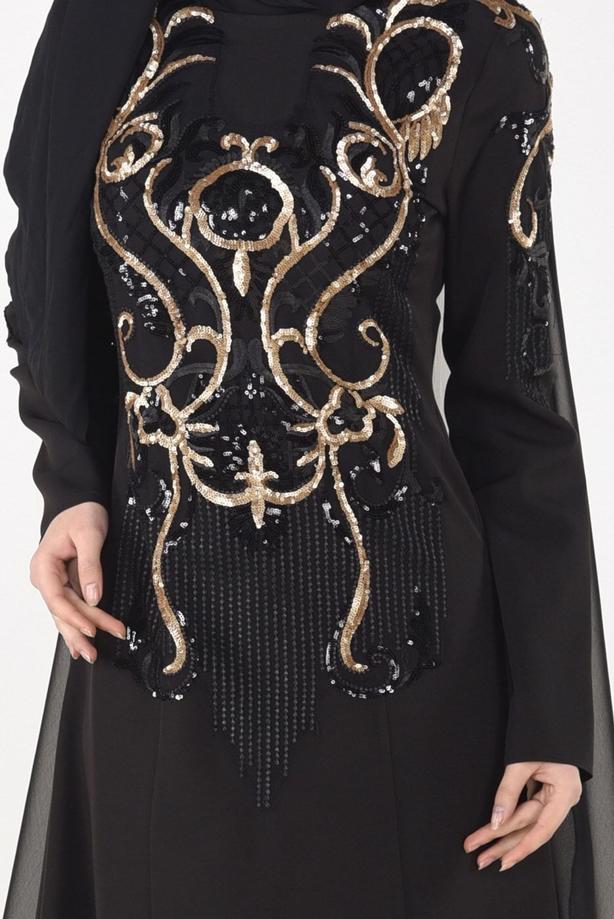 Tesettür giyim  İŞLEME DETAYLI PELERİNLİ ABİYE ELBİSE 88102  - TRENDTESETTÜR