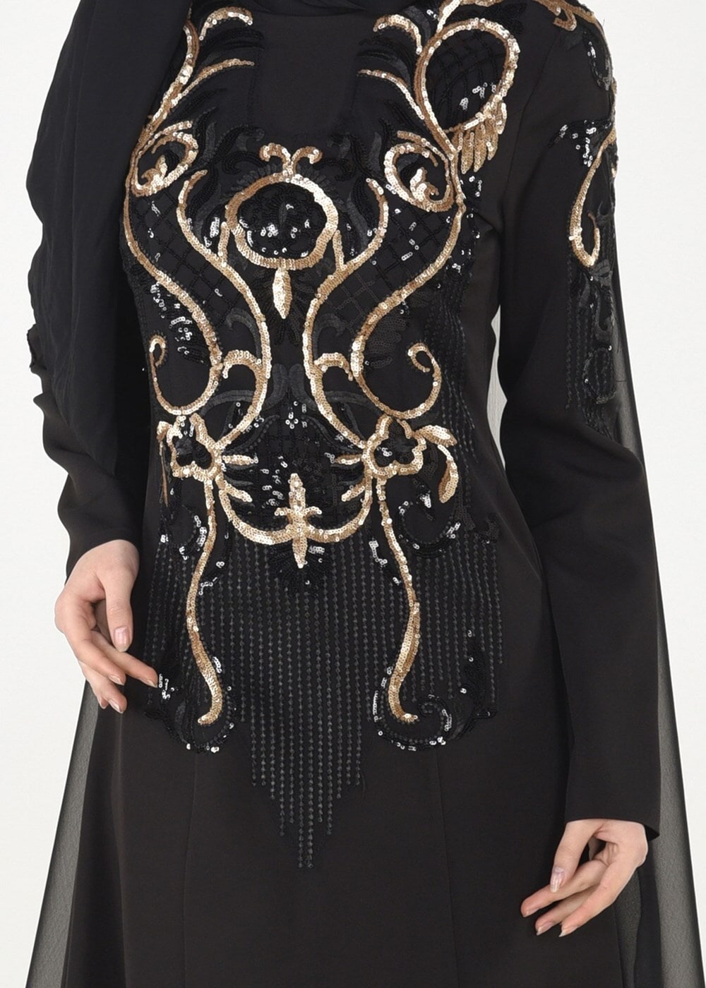 Hijab clothing BLACK EMBROIDERY DETAIL EVENING DRESS WITH CAPE 88102  