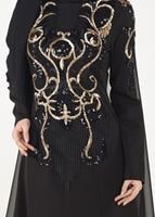 Hijab clothing BLACK EMBROIDERY DETAIL EVENING DRESS WITH CAPE 88102  