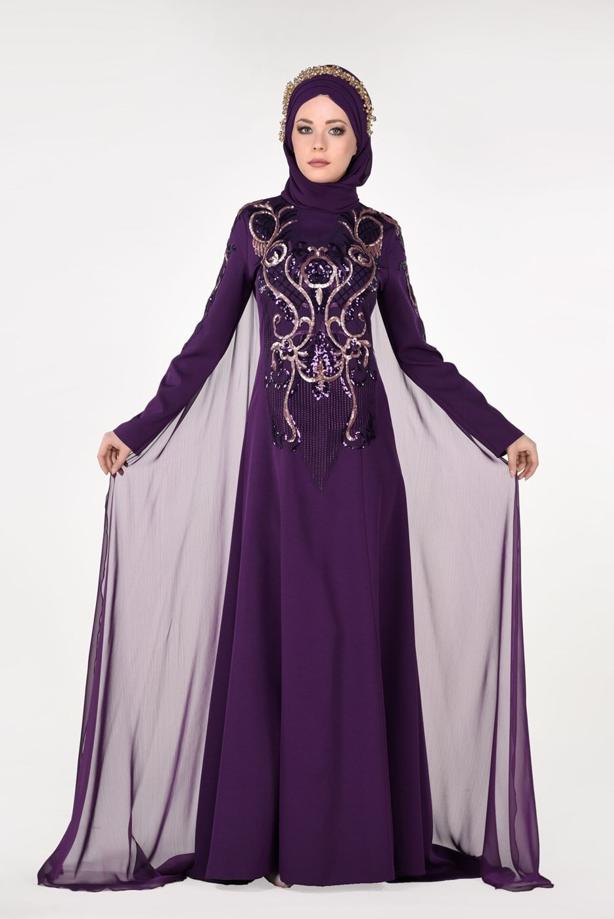 Vêtements hijab  EMBROIDERY DETAIL EVENING DRESS WITH CAPE 88102   - TRENDTESETTÜR