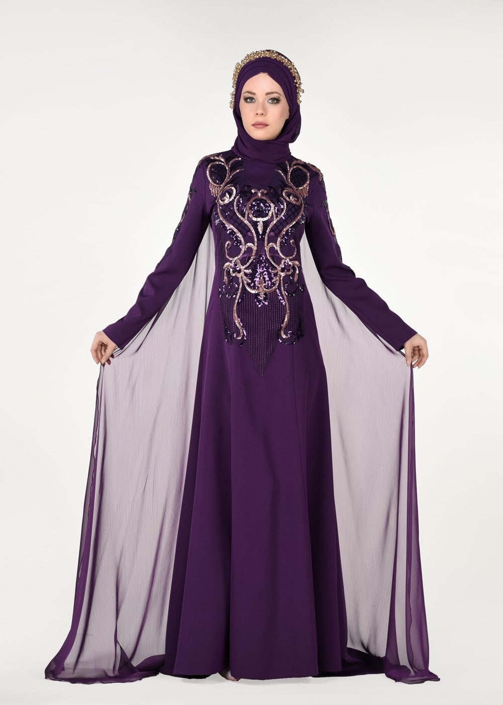 Vêtements hijab POURPRE ROBE DE SOIRÉE MANTEAU DÉTAILLÉ DE BRODERIE 88102
