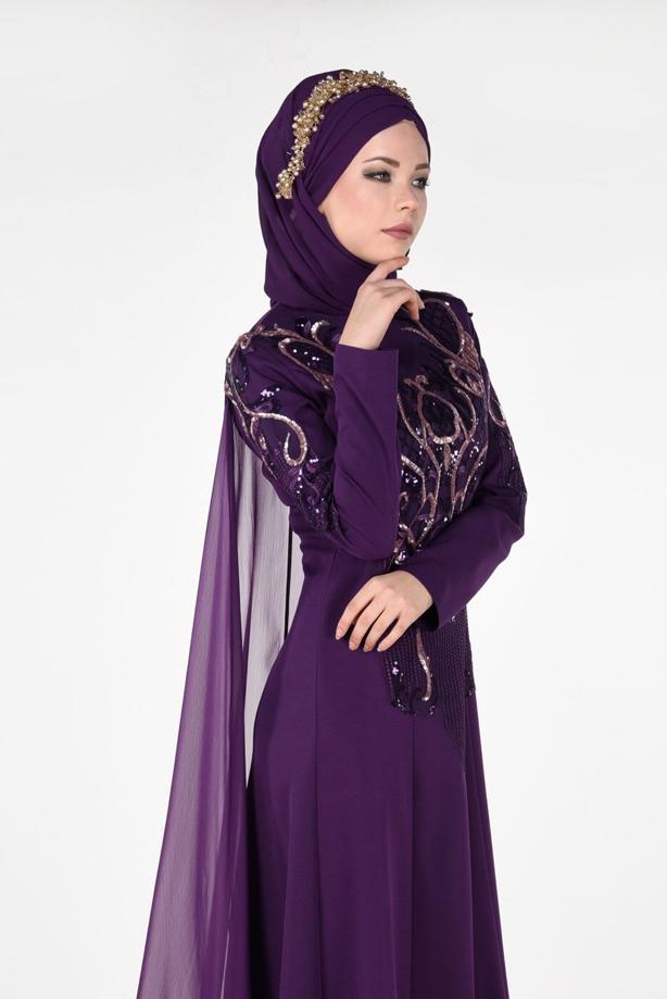 Tesettür giyim  İŞLEME DETAYLI PELERİNLİ ABİYE ELBİSE 88102  - TRENDTESETTÜR