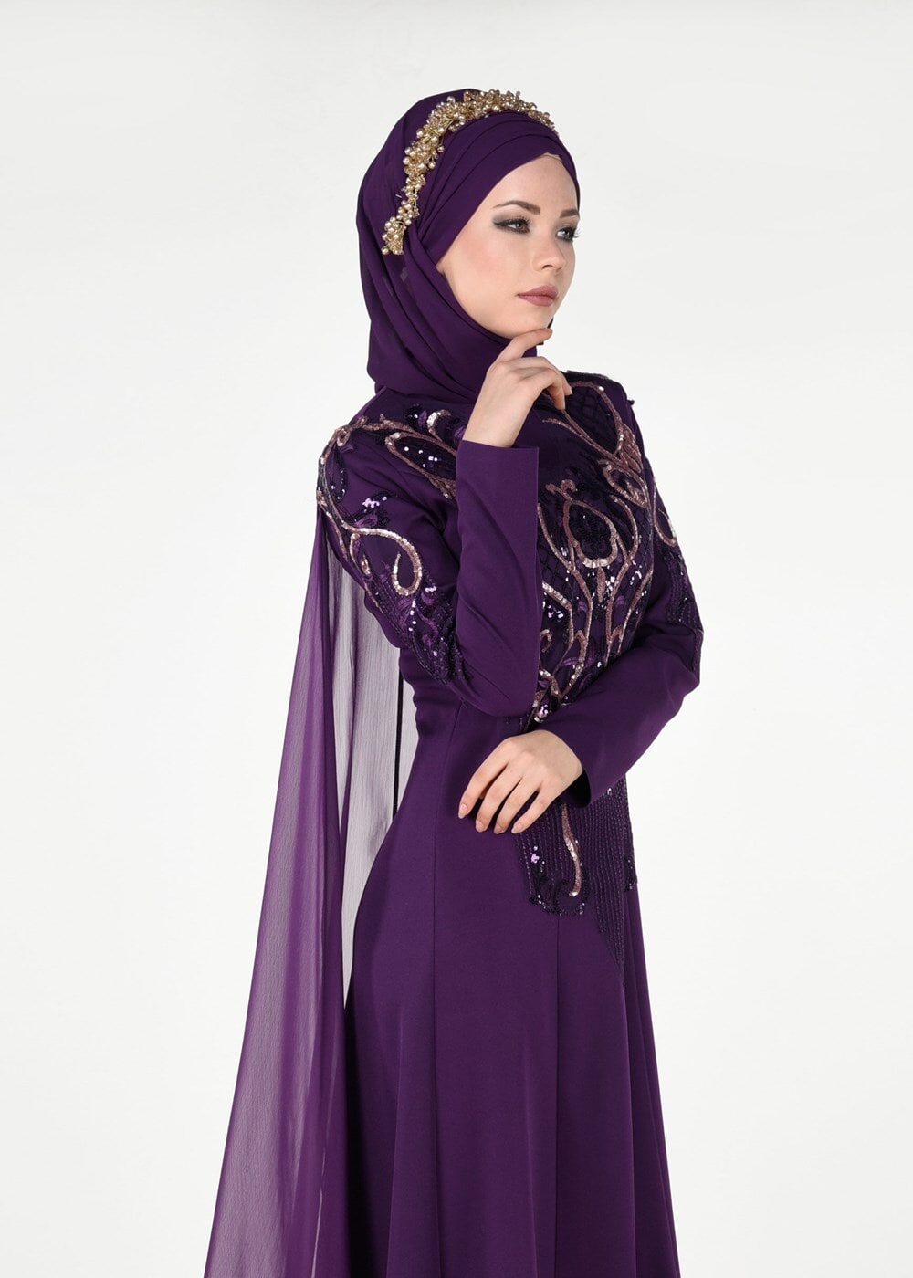 Vêtements hijab POURPRE ROBE DE SOIRÉE MANTEAU DÉTAILLÉ DE BRODERIE 88102