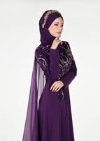 Hijab clothing PURPLE EMBROIDERY DETAIL EVENING DRESS WITH CAPE 88102  