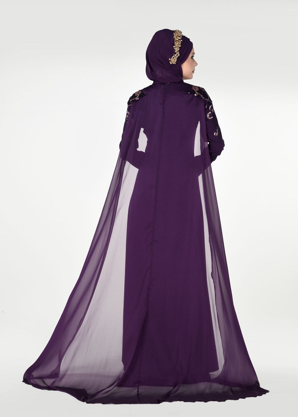 Hijab clothing PURPLE EMBROIDERY DETAIL EVENING DRESS WITH CAPE 88102  