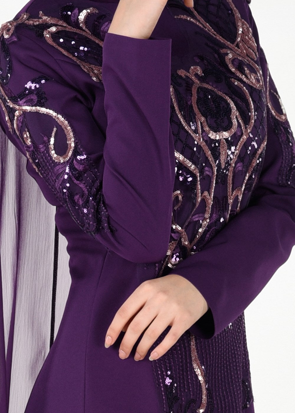 Vêtements hijab POURPRE ROBE DE SOIRÉE MANTEAU DÉTAILLÉ DE BRODERIE 88102
