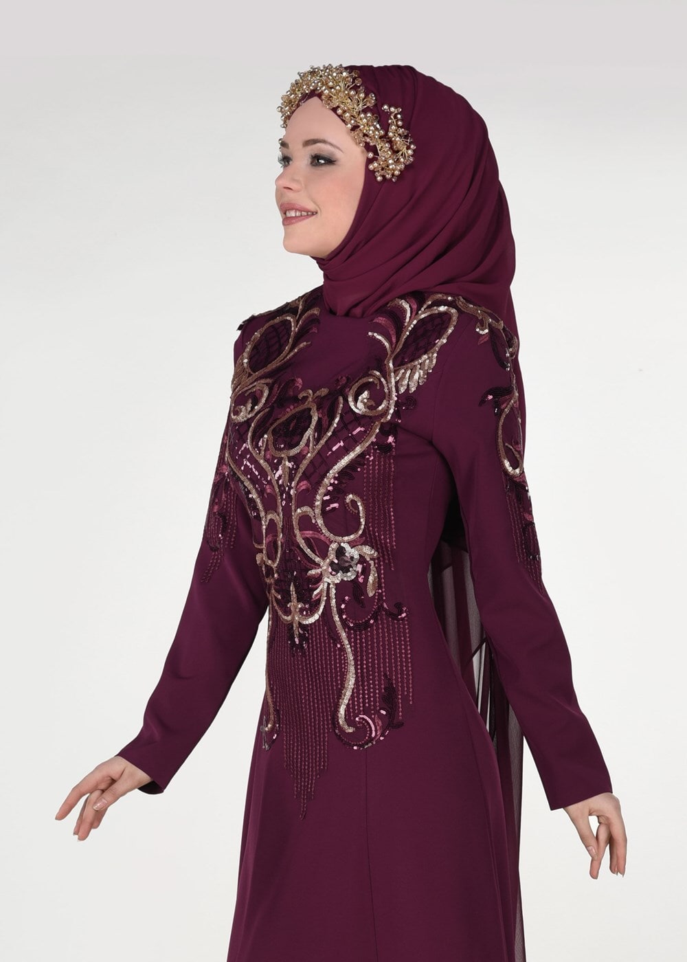 Hijab clothing CLARET RED EMBROIDERY DETAIL EVENING DRESS WITH CAPE 88102  