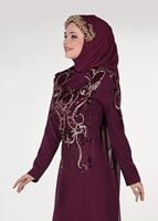 Hijab clothing CLARET RED EMBROIDERY DETAIL EVENING DRESS WITH CAPE 88102  