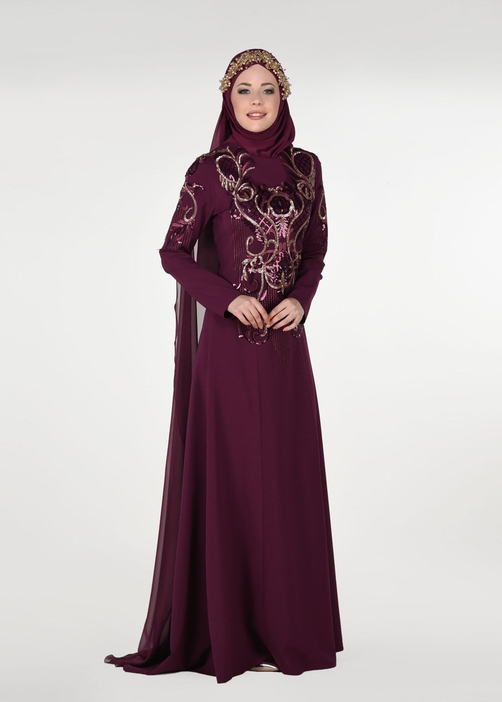 Hijab clothing CLARET RED EMBROIDERY DETAIL EVENING DRESS WITH CAPE 88102  