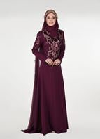 Hijab clothing CLARET RED EMBROIDERY DETAIL EVENING DRESS WITH CAPE 88102  