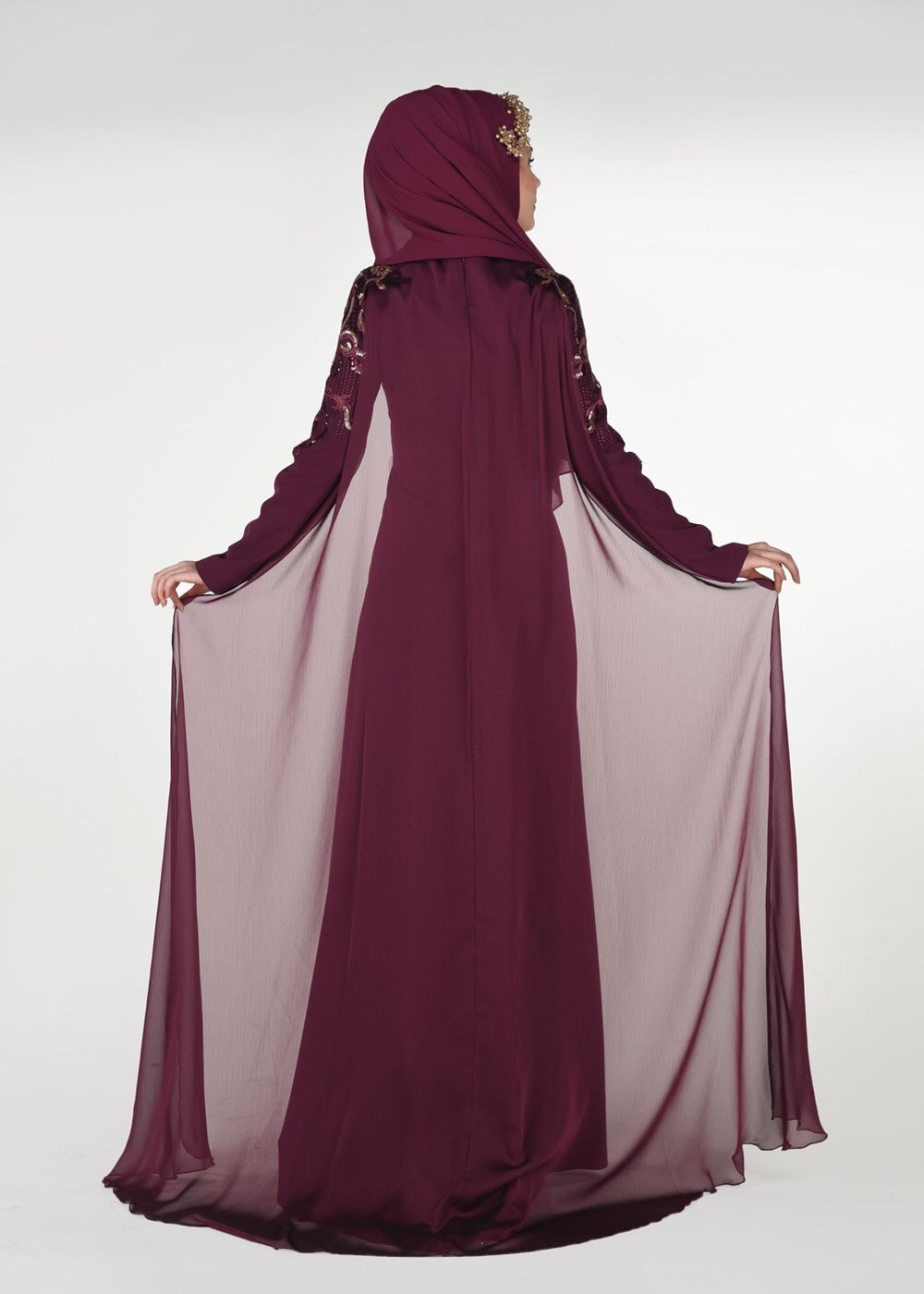 Hijab clothing CLARET RED EMBROIDERY DETAIL EVENING DRESS WITH CAPE 88102  