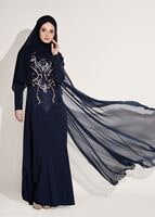 Hijab clothing NAVY BLUE EMBROIDERY DETAIL EVENING DRESS WITH CAPE 88102  