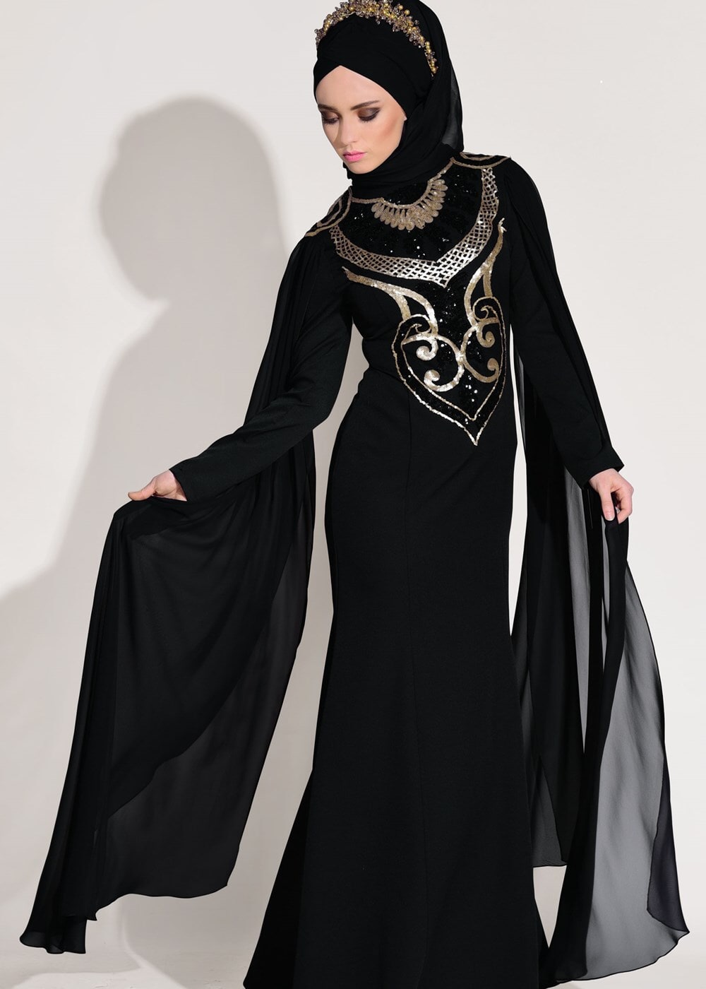 Tesettür giyim SİYAH PUL PAYET İŞLEMELİ ABİYE ELBİSE 88625