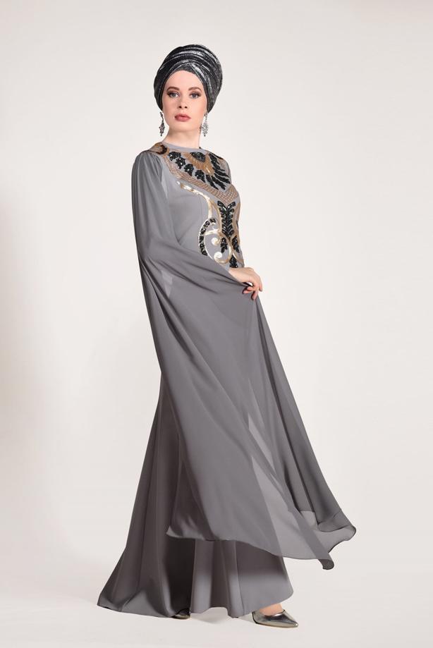 Tesettür giyim  PUL PAYET İŞLEMELİ ABİYE ELBİSE 88625 - TRENDTESETTÜR