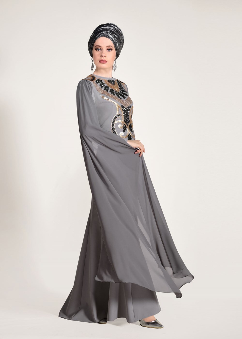 Tesettür giyim GRİ PUL PAYET İŞLEMELİ ABİYE ELBİSE 88625
