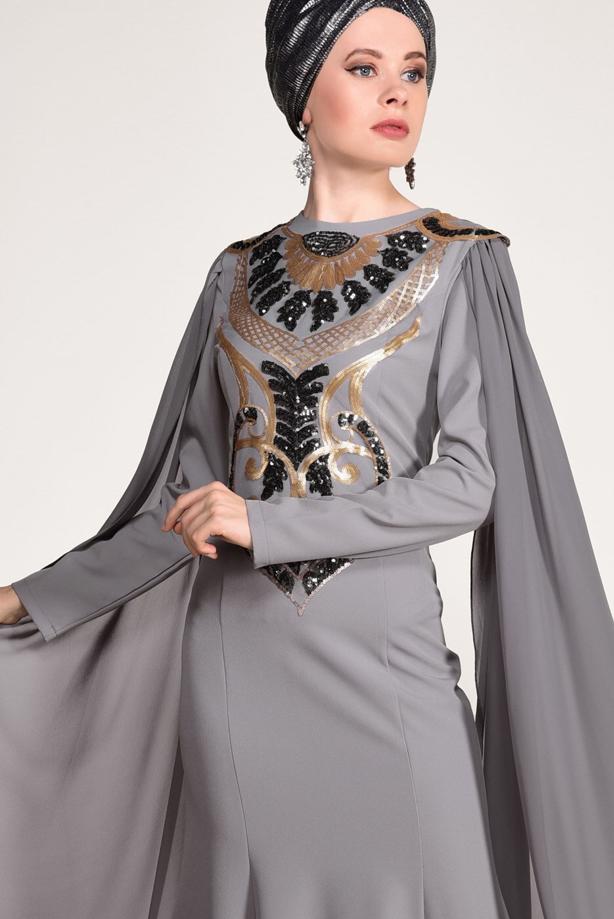 Tesettür giyim  PUL PAYET İŞLEMELİ ABİYE ELBİSE 88625 - TRENDTESETTÜR