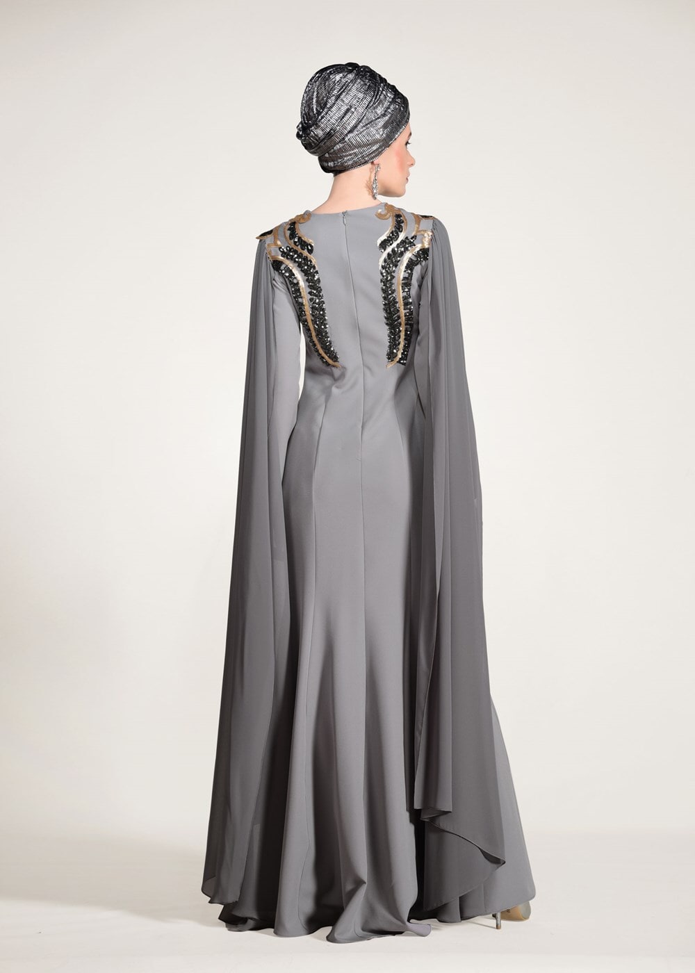 Tesettür giyim GRİ PUL PAYET İŞLEMELİ ABİYE ELBİSE 88625