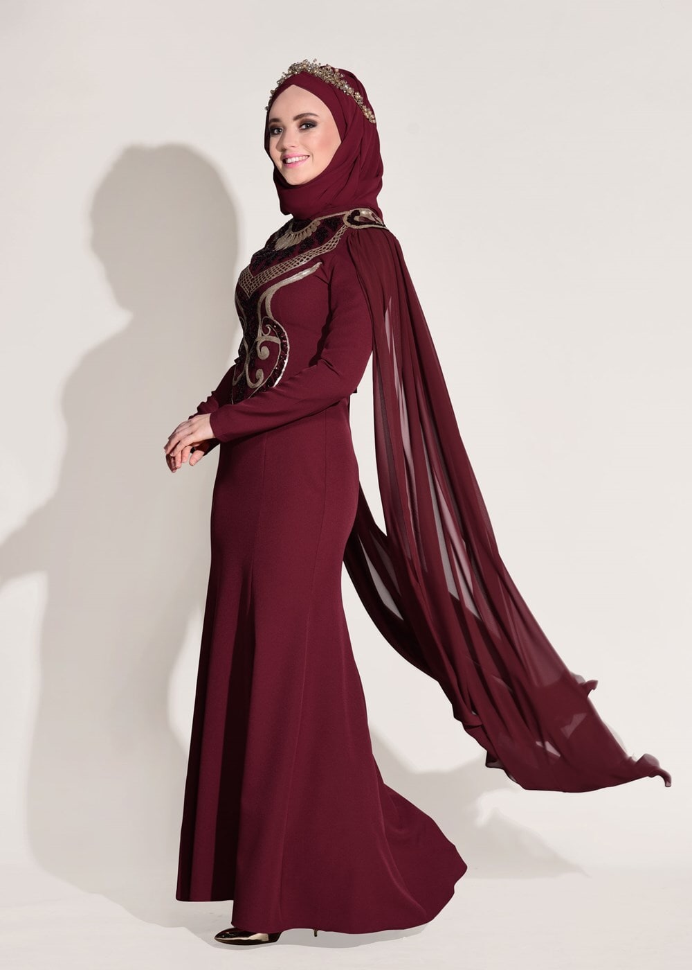 Hijab clothing CLARET RED Sequin Embroidered Evening Dress T 88625 