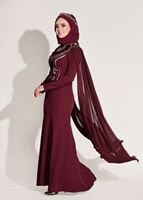 Hijab clothing CLARET RED Sequin Embroidered Evening Dress T 88625 