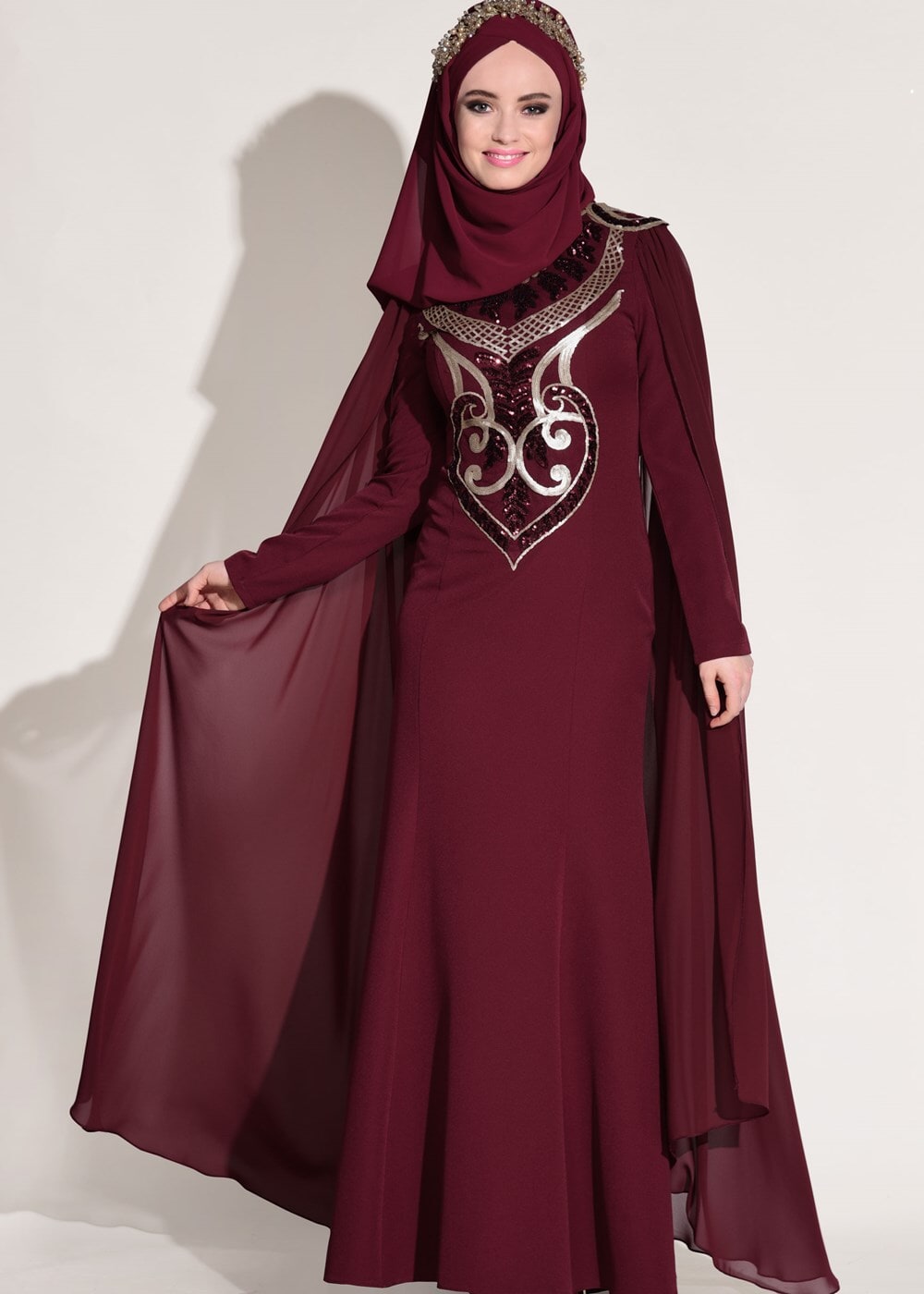 Hijab clothing CLARET RED Sequin Embroidered Evening Dress T 88625 