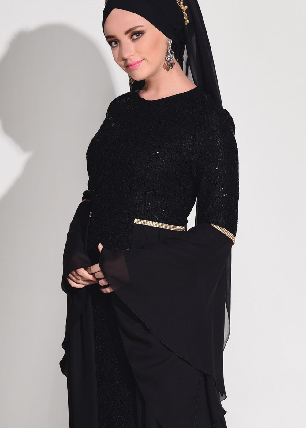 Vêtements hijab NOIR ROBE DE SOIRÉE DÉTAILLÉE MOUSSELINE DENTELLE 92625