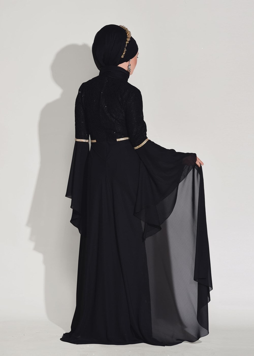 Vêtements hijab NOIR ROBE DE SOIRÉE DÉTAILLÉE MOUSSELINE DENTELLE 92625