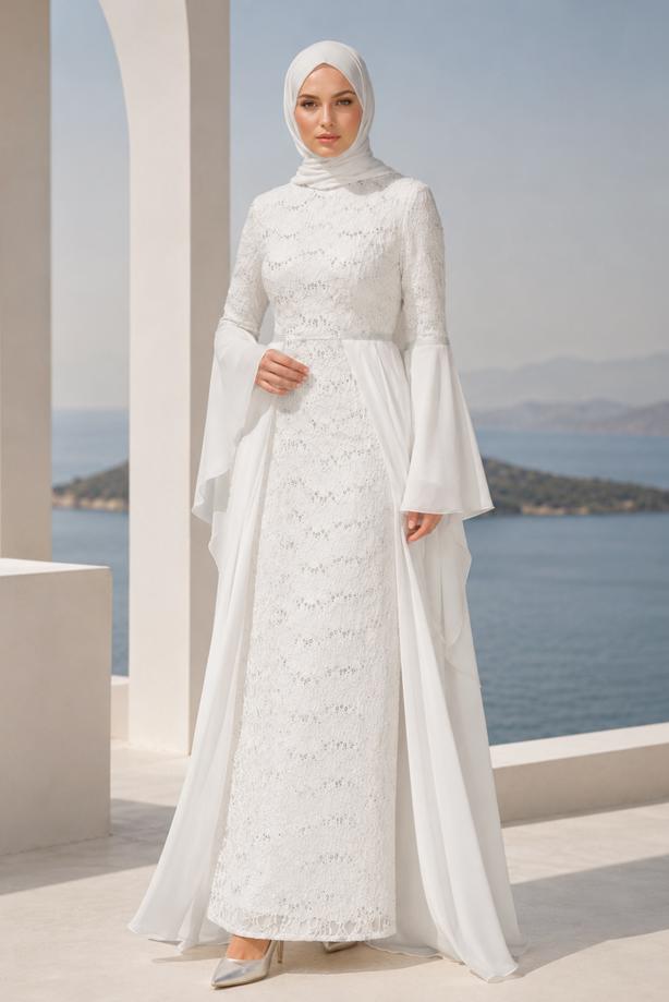 Tesettür giyim  DANTEL ŞİFON DETAYLI ABİYE ELBİSE T 92625 - TRENDTESETTÜR
