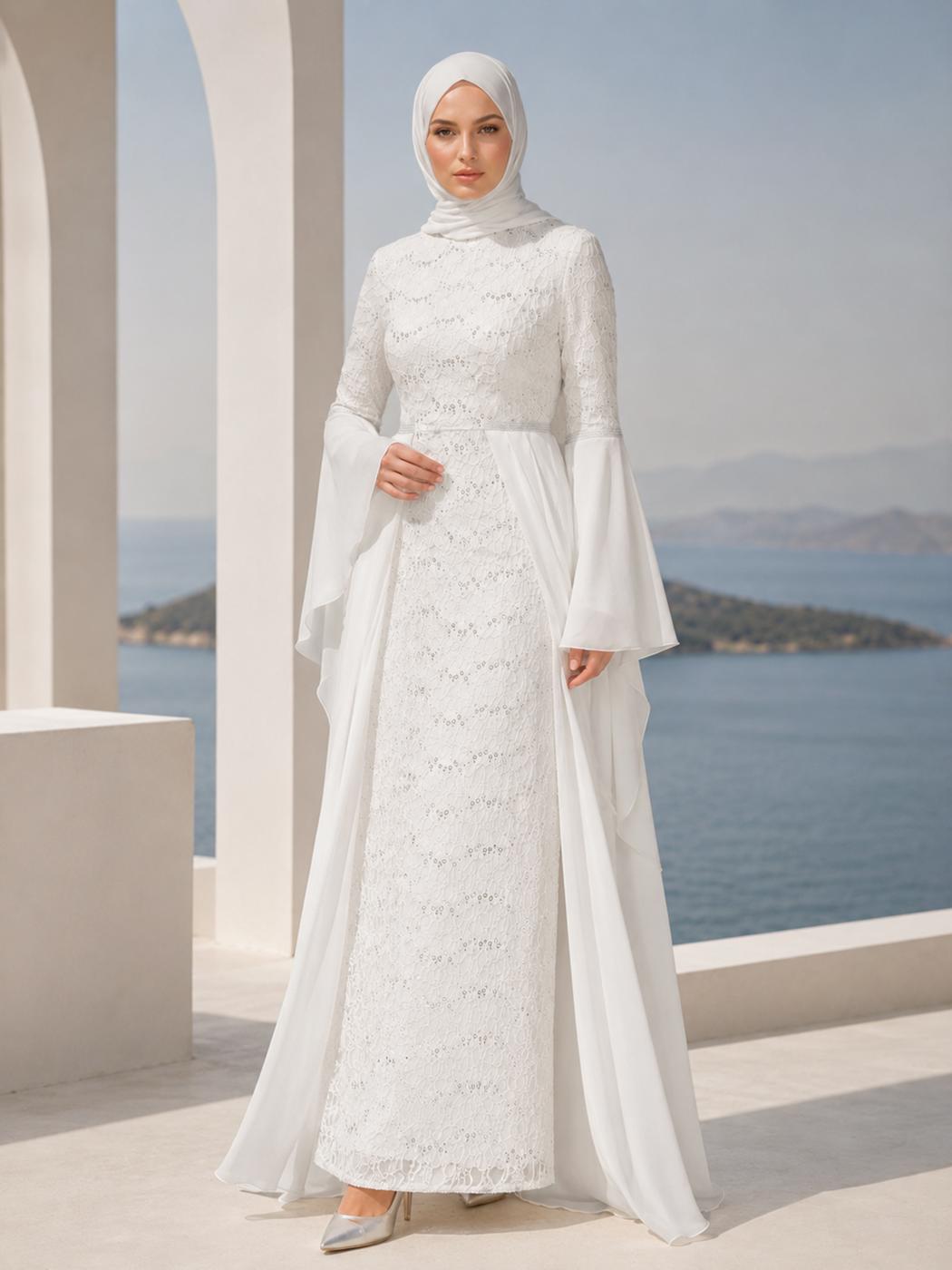 Hijab-Kleidung CREME ABENDKLEID MIT SPITZEN-CHIFFON-DETAIL T 92625