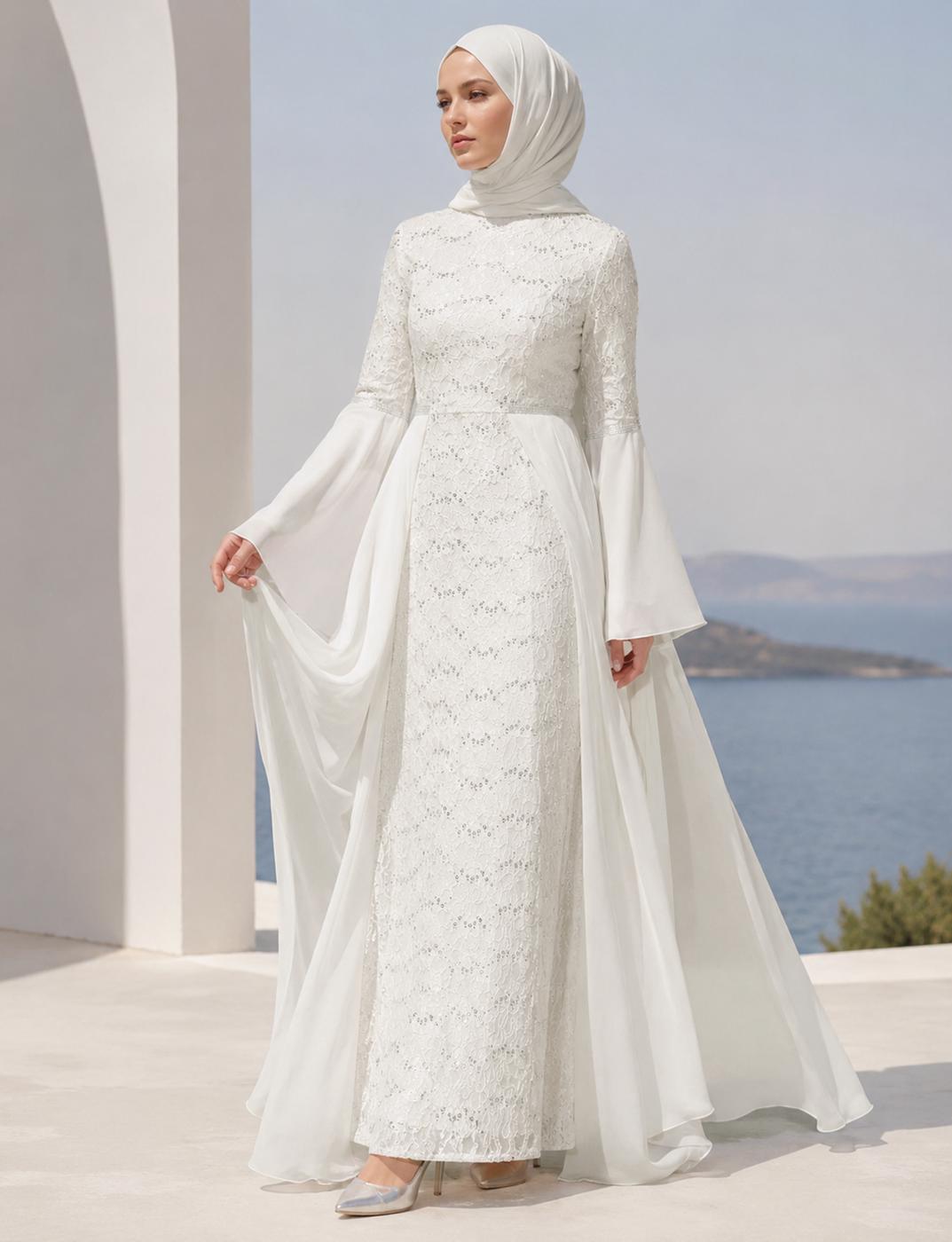 Hijab-Kleidung CREME ABENDKLEID MIT SPITZEN-CHIFFON-DETAIL T 92625