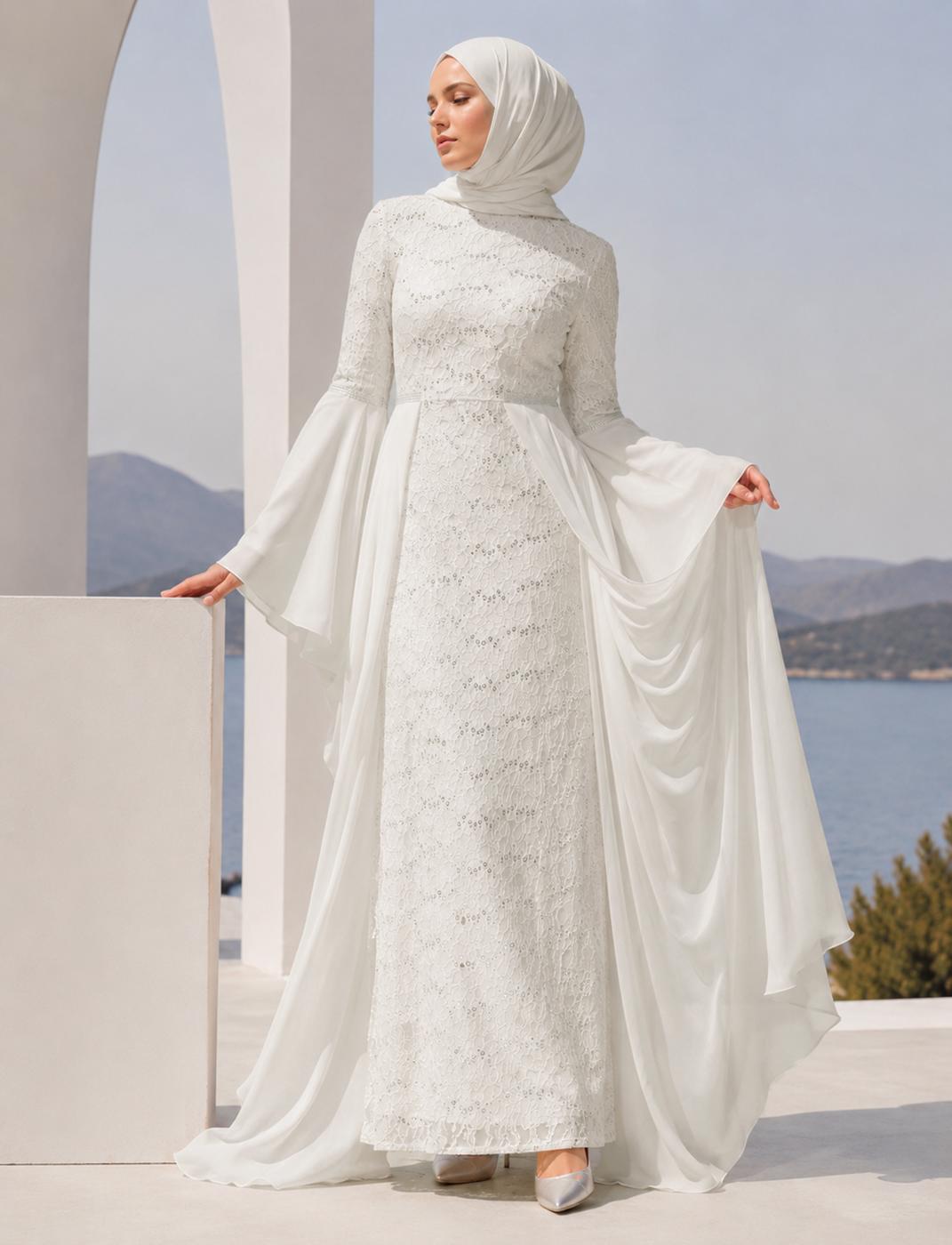 Hijab-Kleidung CREME ABENDKLEID MIT SPITZEN-CHIFFON-DETAIL T 92625