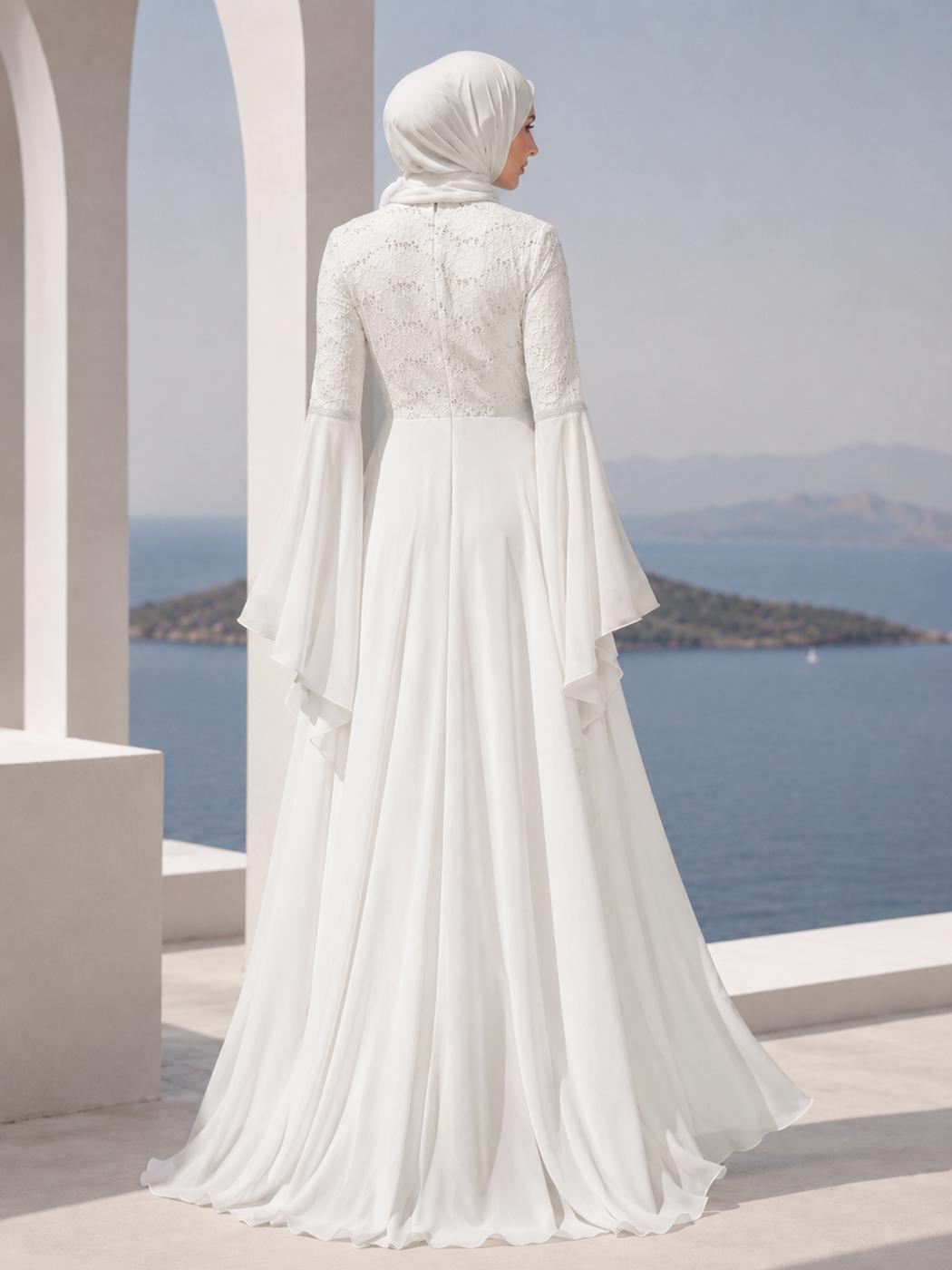 Hijab-Kleidung CREME ABENDKLEID MIT SPITZEN-CHIFFON-DETAIL T 92625