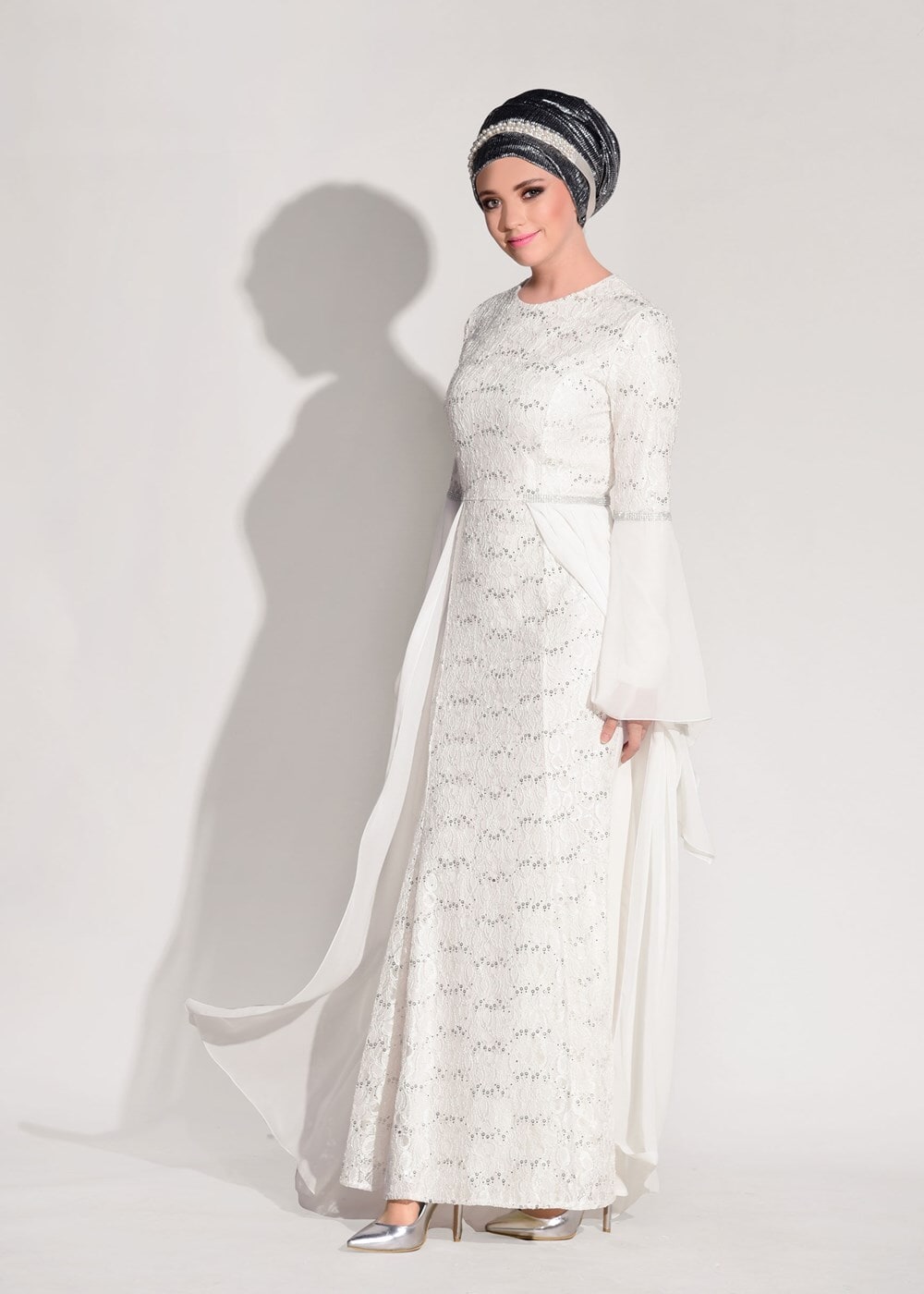 Hijab clothing CREAM LACE CHIFFON DETAIL EVENING DRESS 92625 