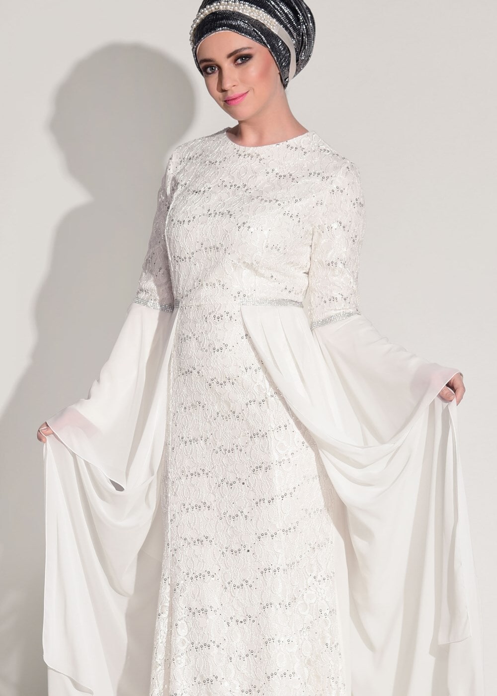 Hijab clothing CREAM LACE CHIFFON DETAIL EVENING DRESS 92625 