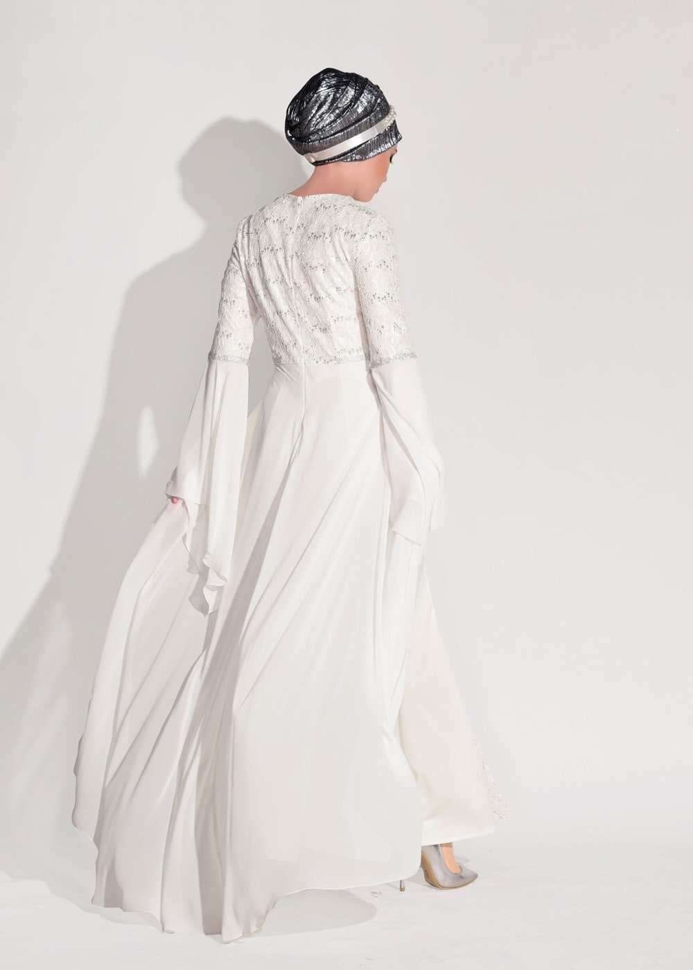 Hijab clothing CREAM LACE CHIFFON DETAIL EVENING DRESS 92625 