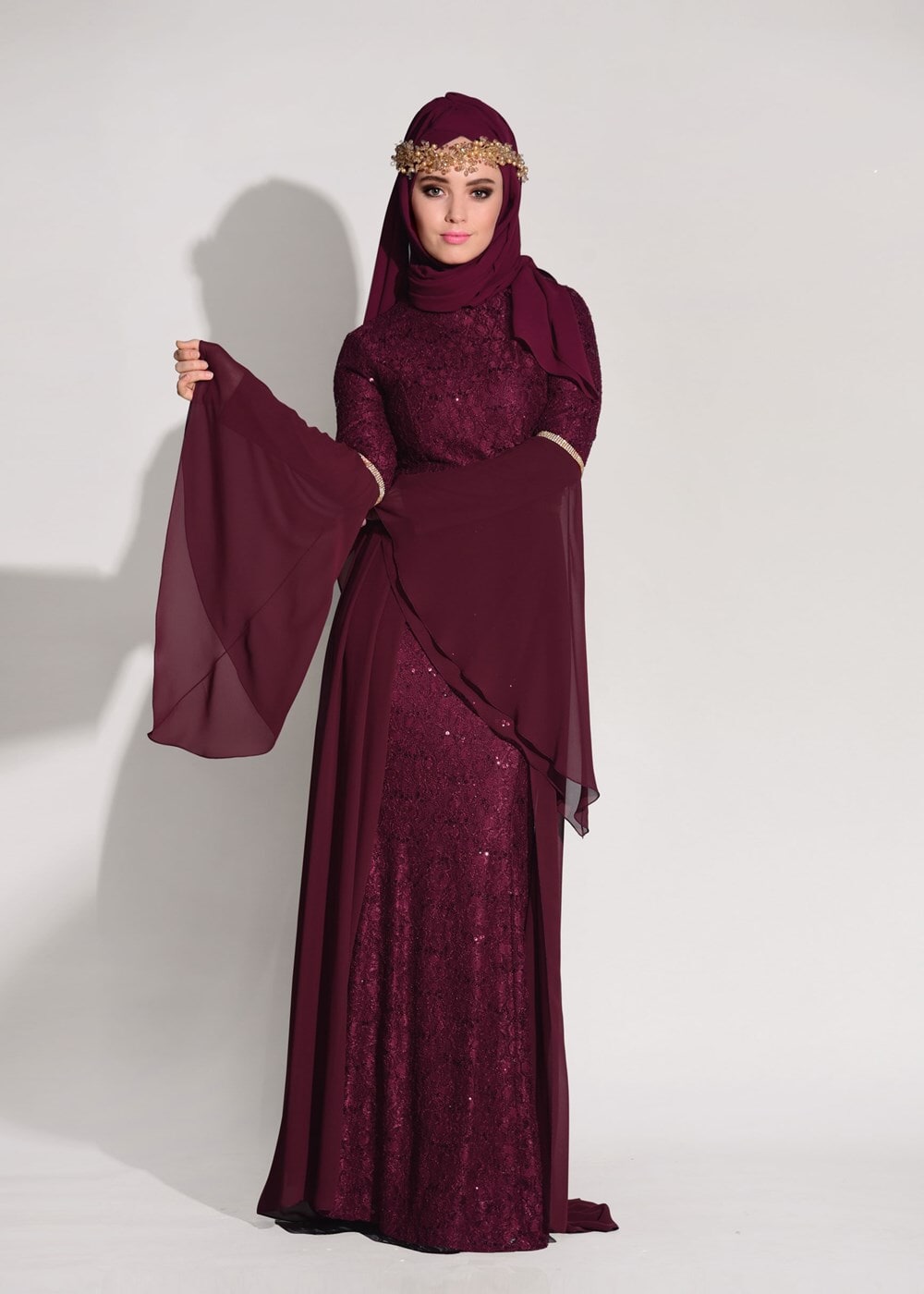 Tesettür giyim BORDO DANTEL ŞİFON DETAYLI ABİYE ELBİSE 92625